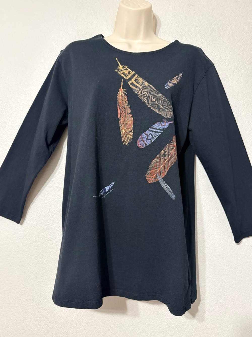 Sabaku Artwear "Painted Feathers" 3/4 Sleeve Black Cotton Artsy Top. M USA